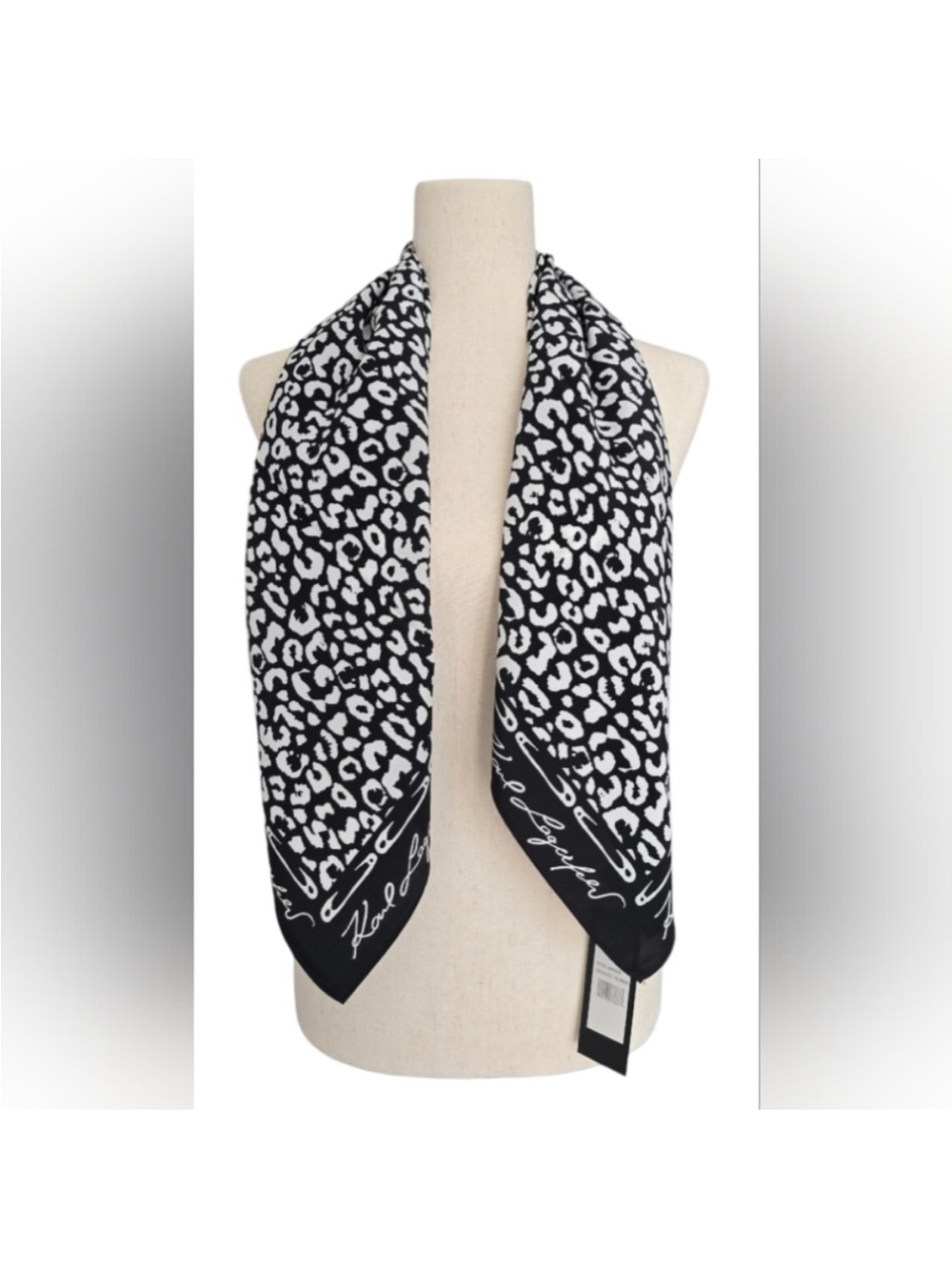 Karl Lagerfeld Black and White Leopard Script Border Scarf. NWT